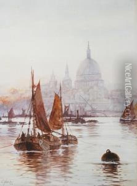 St. Pauls' From The River Thames; The Houses Of Parliament Fron The River Thames Oil Painting - Edwin Fletcher