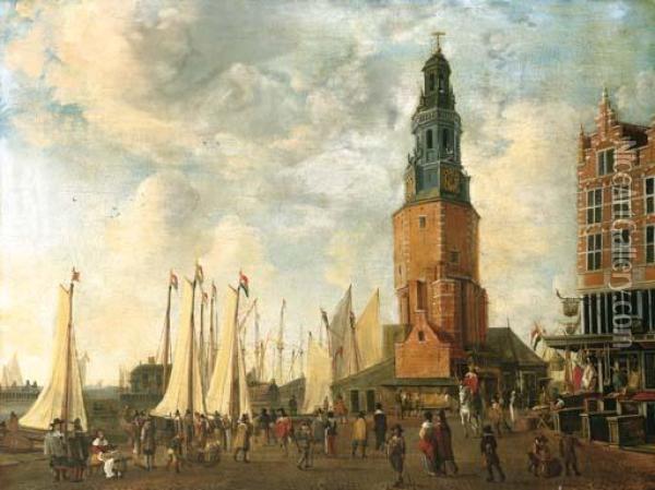 The Herring Packer's Tower, Amsterdam, With Figures On The Quay Oil Painting - Anthonie Beerstraten