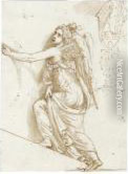A Winged Female Figure Holding A Wreath Oil Painting - Giulio Romano