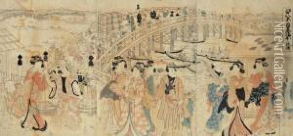 Triptyque Intitule <edo Hakkei No Uchi, Nihon Bashi>, Le Nihon Bashi (pont De Nihon) A Edo Oil Painting - Katsukawa Shunsen