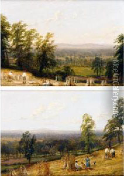 Near Barford, Warwickshire; Harvestime, Ashborne, Warwickshire Oil Painting - Thomas Baker Of Leamington