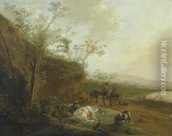Landschaft Mit Zwei Hirten, Kuhen Und Ziegen Oil Painting - Adam Pynacker