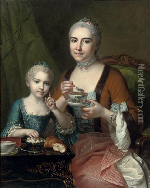 Portrait Of An Elegant Lady And Her Daughter Oil Painting - Jean Chevalier