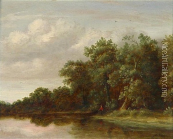 Musestunde. Einsamer Angler An Von Baumen Gesaumten Flusufer Oil Painting - Isaac Coene