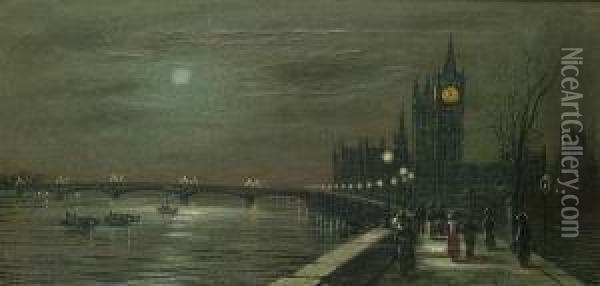 The Houses Of Parliament By Moonlight; The Thames By Moonlight Oil Painting - Wilfred Jenkins