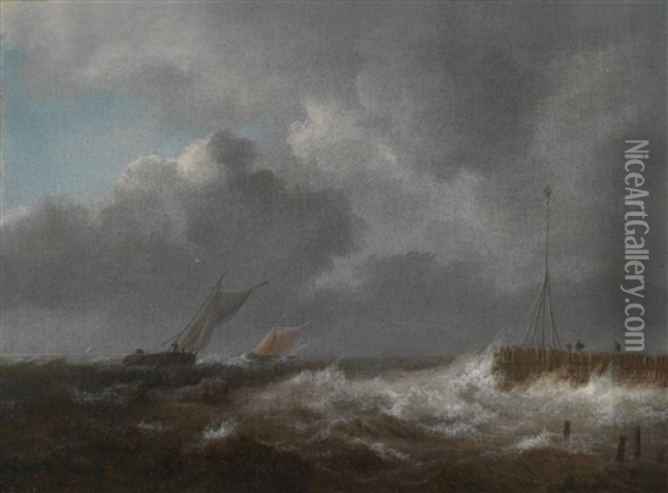 Fischerboote Auf Bewegter See In Kustennahe Oil Painting - Jacob Van Ruisdael