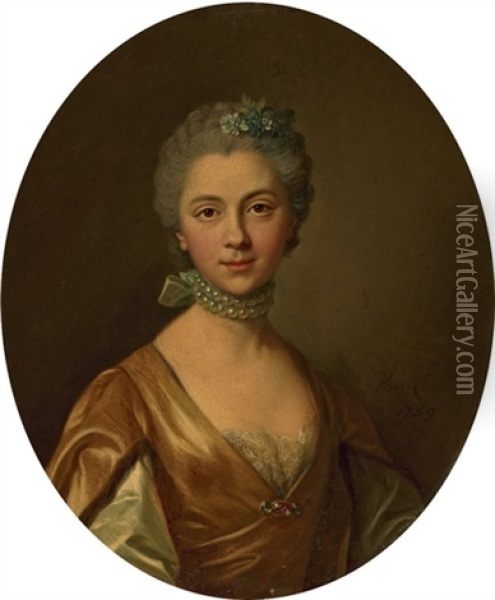 Portrait Of A Lady In A Golden Silk Dress Oil Painting - Louis Michel van Loo