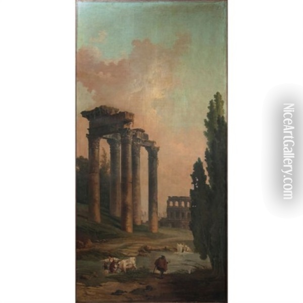 Caprice Architectural Avec Les Ruines Du Temple De Saturne Et Le Colysee Dans Le Fond Oil Painting - Hubert Robert