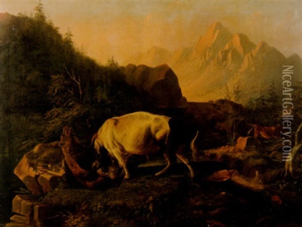 Bergslandskap Med Stridante Tjur Och Bjorn Oil Painting - Paul Jean Pierre Gelibert