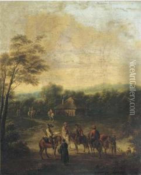 A Wooded Landscape With Horsemen At Halt By A Cottage Oil Painting - Francesco Giuseppe Casanova