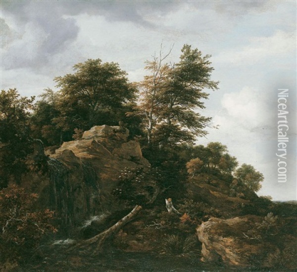 Ein Bewaldeter Hugel Mit Einem Wasserfall Oil Painting - Jacob Van Ruisdael