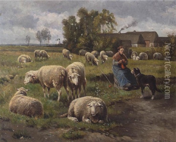 Bauerin Mit Schafen Auf Der Weide Oil Painting - Frans Van Leemputten