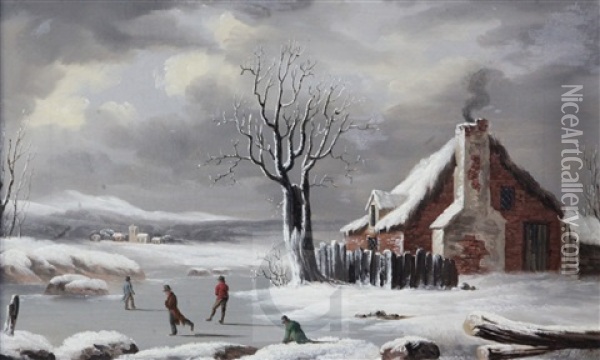 Skaters In A Winter Landscape Oil Painting - Joseph Francis John Gilbert