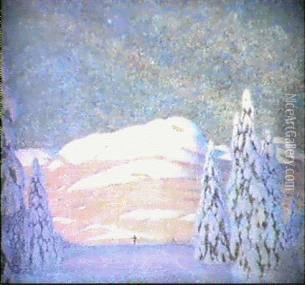 Vinterlandskap Med Skidakare- I Fonden Berg I Aftonljus Oil Painting - Gustaf Fjaestad