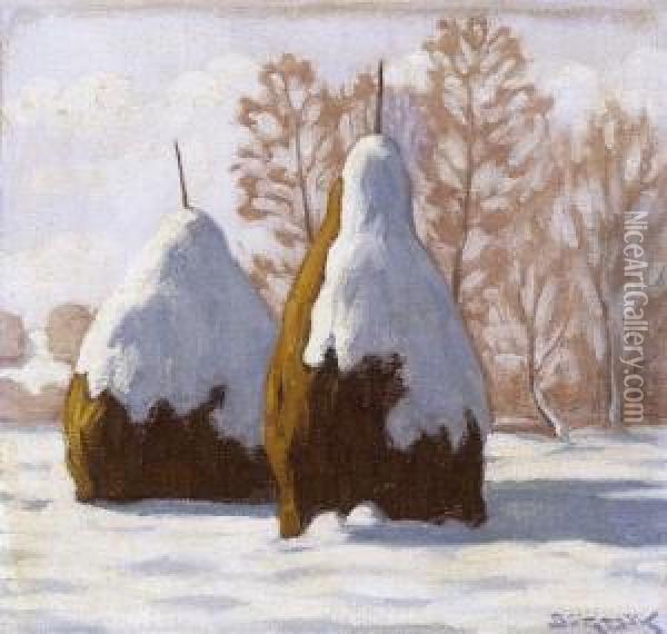 Two Haystacks In Nagybanya Oil Painting - Samu Bortsok