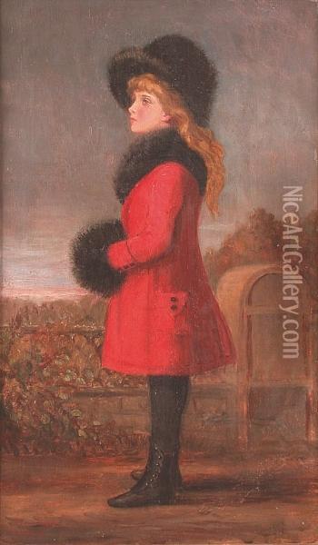 Portrait Of Everilda Creyke, Full Length In A Red Coat Oil Painting - Walter Creyke
