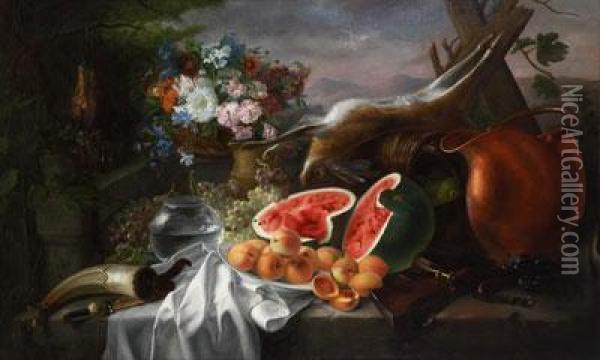 Bodegon Con Frutas,flores Y Caza Oil Painting - Jose Maria Murillo Y Bracho