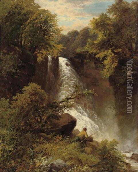 An Angler Before A Waterfall Oil Painting - James Burrell-Smith
