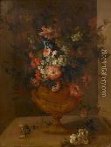 Roses, Carnations, Convolvulus And Otherflowers In A Bronze Vase Displayed In A Niche Oil Painting - Pieter III Casteels