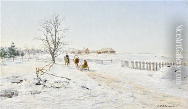 Sunlit Landscape In Winter, Zhabovshchizna Oil Painting - Ivan Pavlovich Pokhitonov