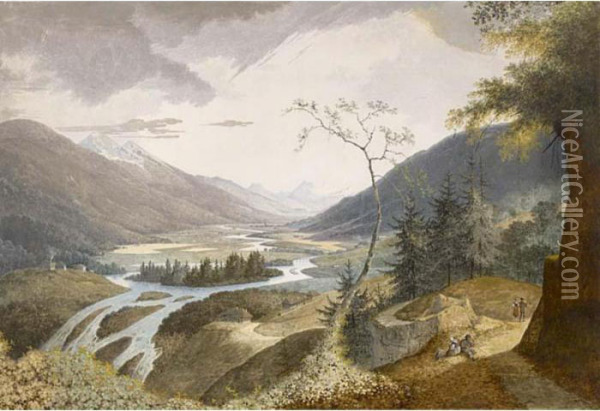 Travellers In A Mountainous Landscape Oil Painting - Joseph Augustus Knip