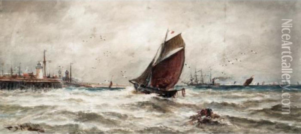 A French Trawler Running Into Harbour Oil Painting - Thomas Bush Hardy