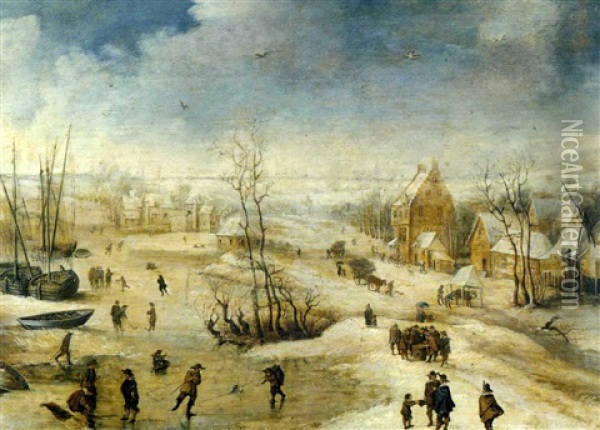 Extensive Winter Landscape With Skaters And Other Figures Oil Painting - Jan Brueghel the Elder