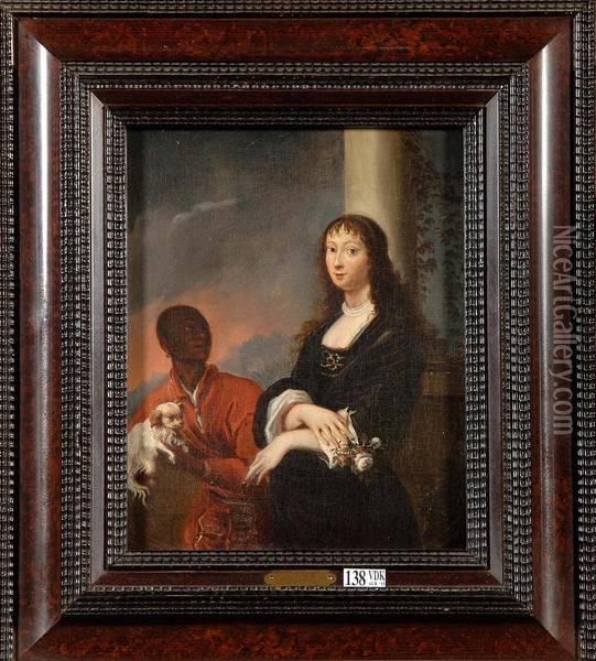 Portrait D'une Dame De Qualite Accompagnee De Son Jeune Serviteur Africain Oil Painting - Gonzales Cocques
