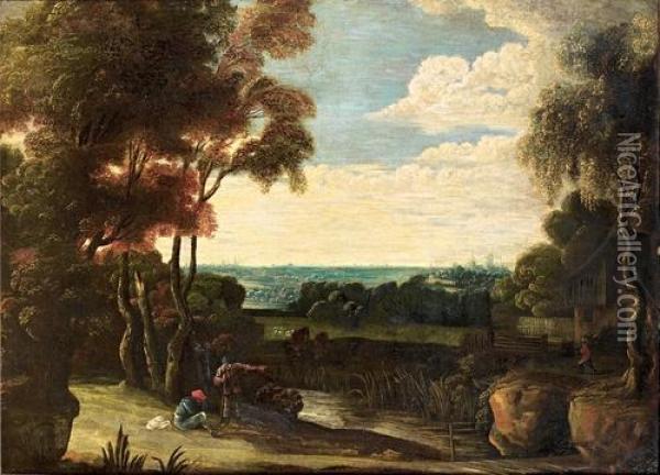An Extensive Landscape With Figures Resting Beside A River Oil Painting - Jacques D Arthois