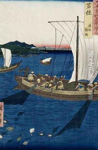 Fishermen Netting Sole Wakasa Province from Famous Places of the Sixty Provinces Oil Painting - Utagawa or Ando Hiroshige