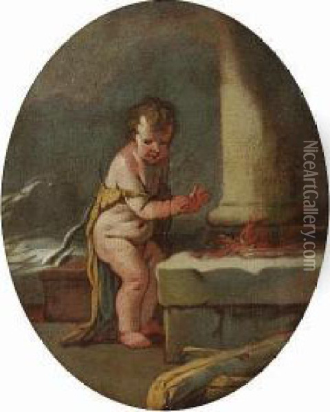 The Infant Pluto Warming His Hands At A Brazier - An Allegory Of Winter Oil Painting - Giulio Carpione