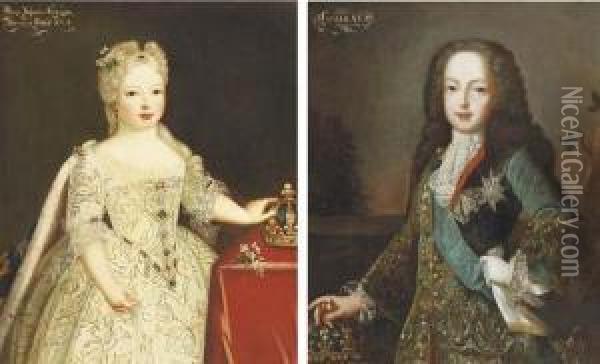 Portrait Of A 
Marie-anne-victoire, Infanta D'espagna, Small,three-quarter-length, In A
 White Dress Set With Pearls, By A Table,her Left Hand On Her Crown; And
 Portrait Of King Louis Xv, Small,three-quarter-length, In An 
Embroidered Blue Velvet Wai Oil Painting - Pierre Gobert