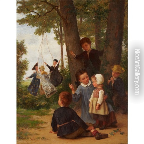 The Puppet Show (playmates) Oil Painting - Theophile Emmanuel Duverger