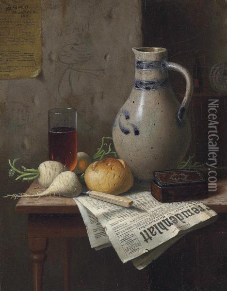 Still Life With Jug And Newspaper Oil Painting - William Michael Harnett