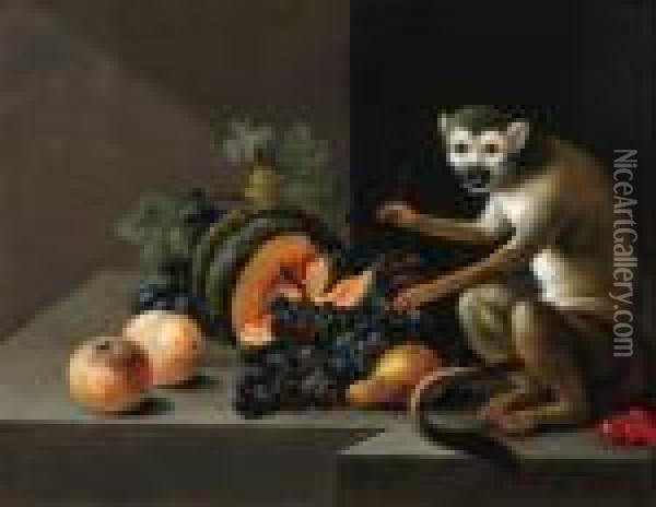 A Monkey With Grapes, Peaches, A Melon And Other Fruit On A Stoneledge
Signed With Initials And Dated 'j.a.w. 1804.' Oil Painting - Johann Amandus Winck