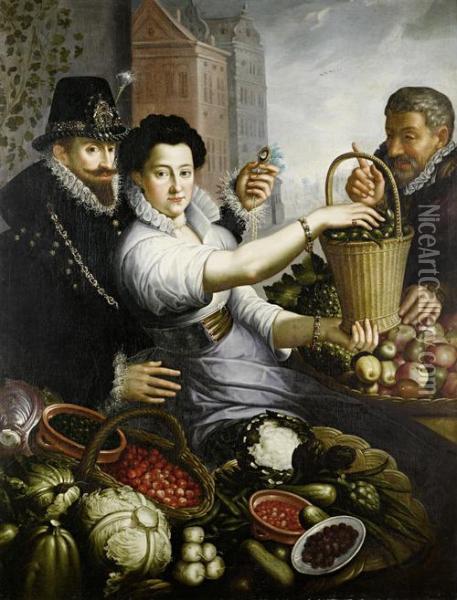 A Fruit And Vegetable Market Scene With An Elegant Nobleman Embracing A Stall-holder With Another Elegant Customer Oil Painting - Jean Baptiste de Saive