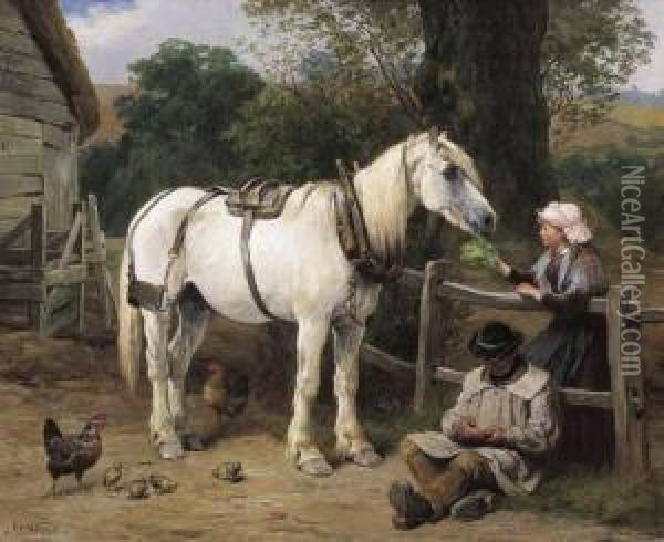 Farmyard With Two Figures, Chickens And White Horse In Harness Oil Painting - James Clarke Waite