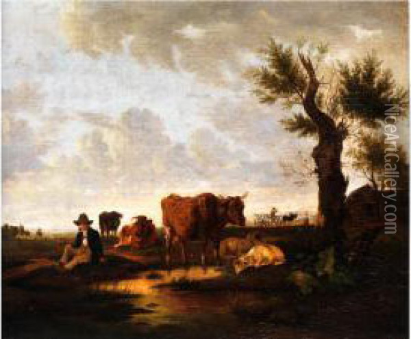 Hirtenknabe Mit Kuhen Und Schafen An Einem Tumpel Oil Painting - Max Joseph Wagenbauer