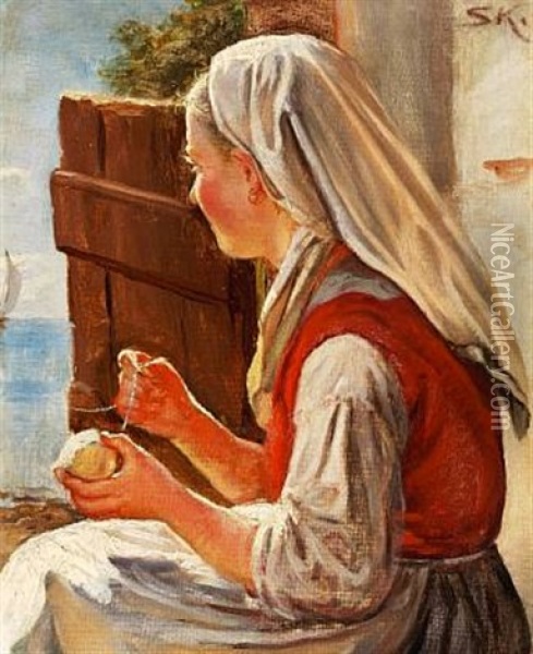 Ung Pige Ved Strikketojet, Johanne Palson Oil Painting - Peder Severin Kroyer