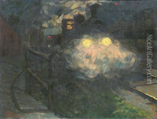 Dampf Auslassende Lokomotive Bei Nacht Oil Painting - Hermann Pleuer