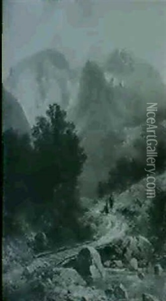 Figures Before A River In An Alpine Landscape Oil Painting - Karl Millner