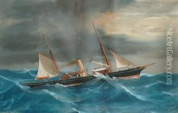 Study Of A Steam Yacht In Stormy Seas Oil Painting - de Simone Tommaso