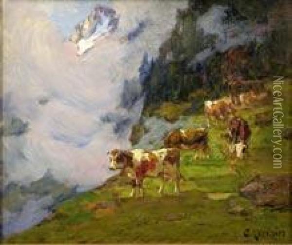 vache En Alpage Et Vagues De Brouillard Oil Painting - Clovis Frederick Terraire