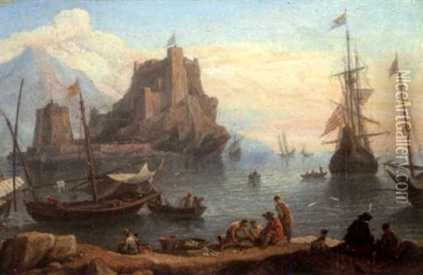 Vue Portuaire Animee Avec Chateau Fort Sur Le Second Plan Oil Painting - Adriaen Van Der Cabel