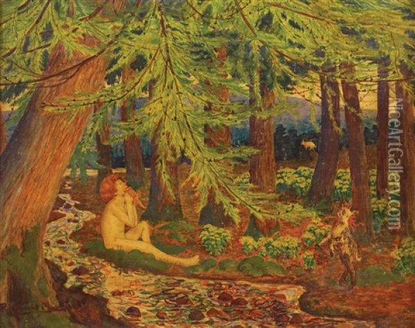 The Enchanted Wood-a Reclining Male Nude, The Shepherd Daphnis, With Goats In A Wooded Landscape Oil Painting - Robert James Enraght Moony