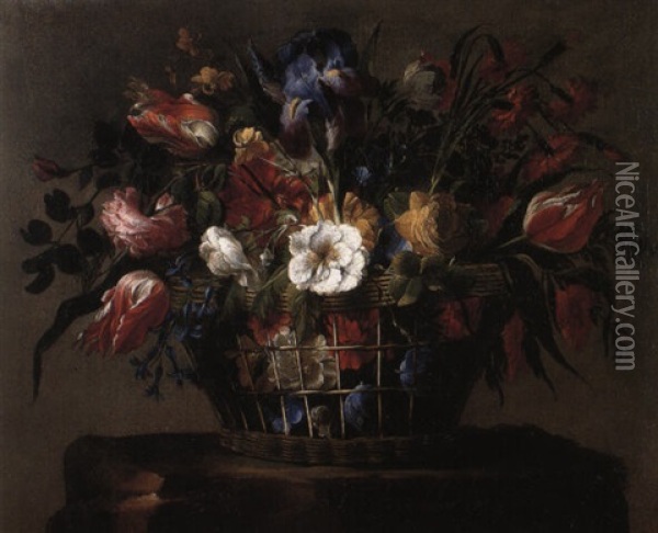 Iris And Other Flowers In A Basket On A Stone Pedestal Oil Painting - Juan De Arellano