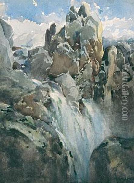 A Rocky Mountain Cascade Oil Painting - William Henry Holmes