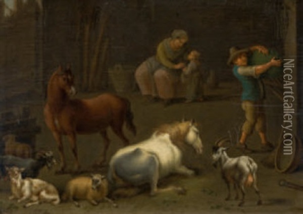 Stall Mit Bauernfamilie, Pferden, Schafen Und Ziegen Oil Painting - Jan van Ossenbeeck