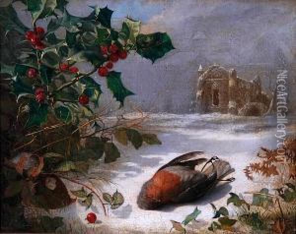 Dead Robin And Holly In The Snow With Church Beyond Oil Painting - Eloise Harriet Stannard