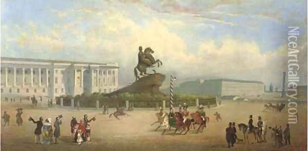 View of Senate Square and Falconet's statue of Peter the Great, St. Petersburg Oil Painting - Russian School